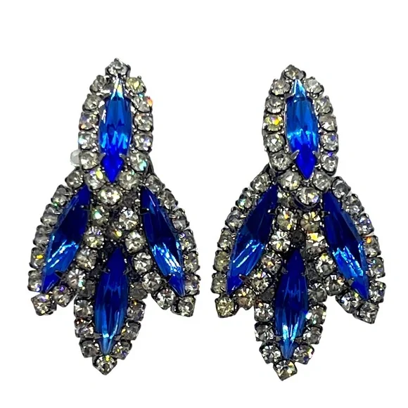 Stunning blue and clear rhinestone sparkly dangle clip on silver tone earrings - Picture 1 of 16
